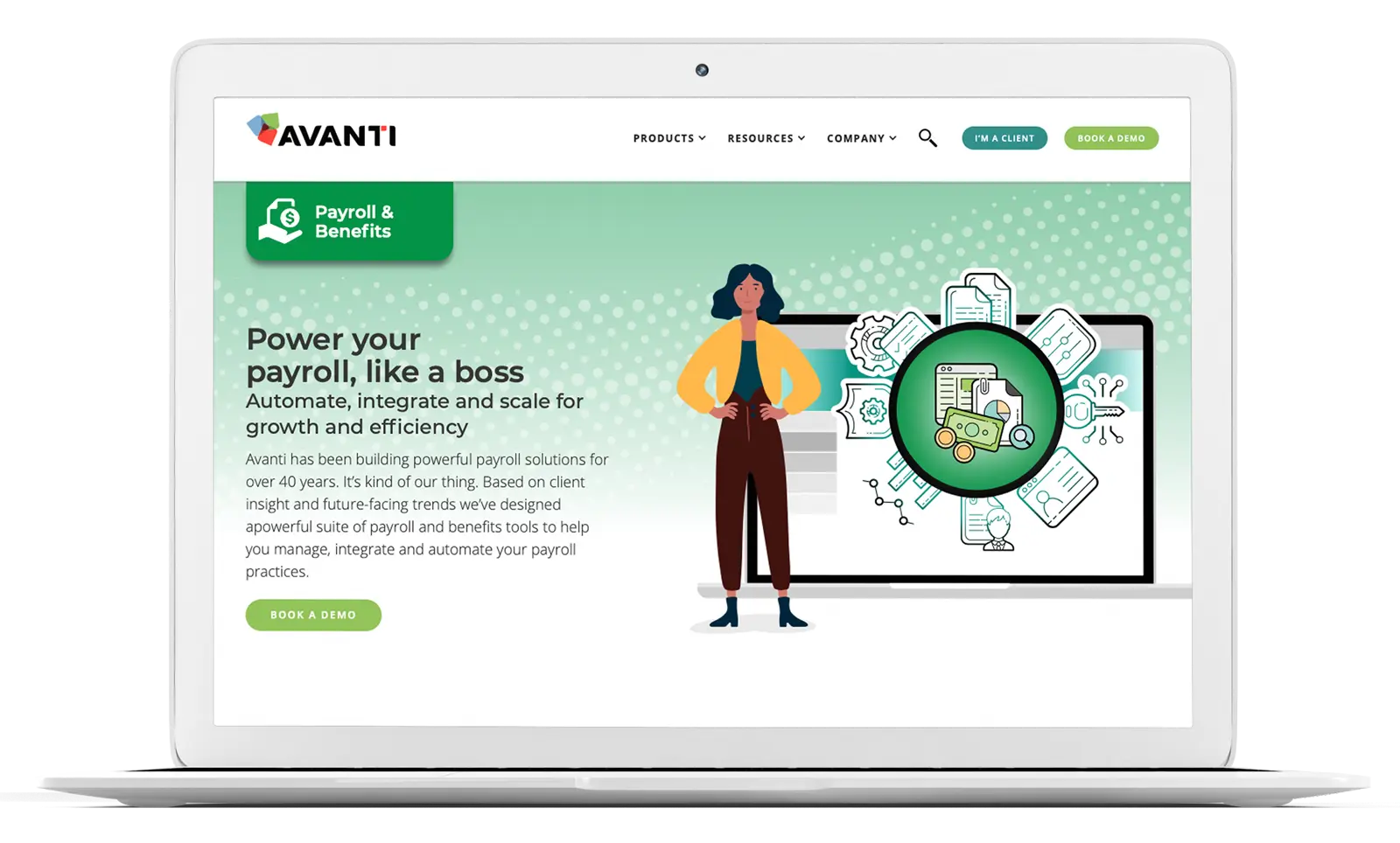Avanti website screenshot: Power your payroll, like a boss